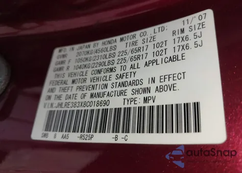 2008 Honda Cr-V Lx z USA, uszkodzony, nr VIN JHLRE383X8C018690